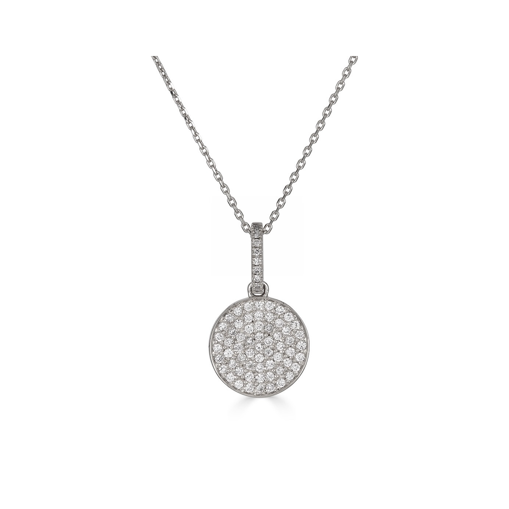 DIAMOND PAVE DISC PENDANT-Charms & Pendants-A favorite in the ANNEAUX studio, this diamond disc pendant looks good on everyone. - pendant available in 18k yellow and white gold - diamonds: 0.25 approximate total carat weight, G-H color, SI clarity - 10 mm diameter - 18k diamond cut cable link triple extendable chain; 16” - 17” - 18” length - lobster clasp - shown on model in yellow gold-Anneaux Jewelry