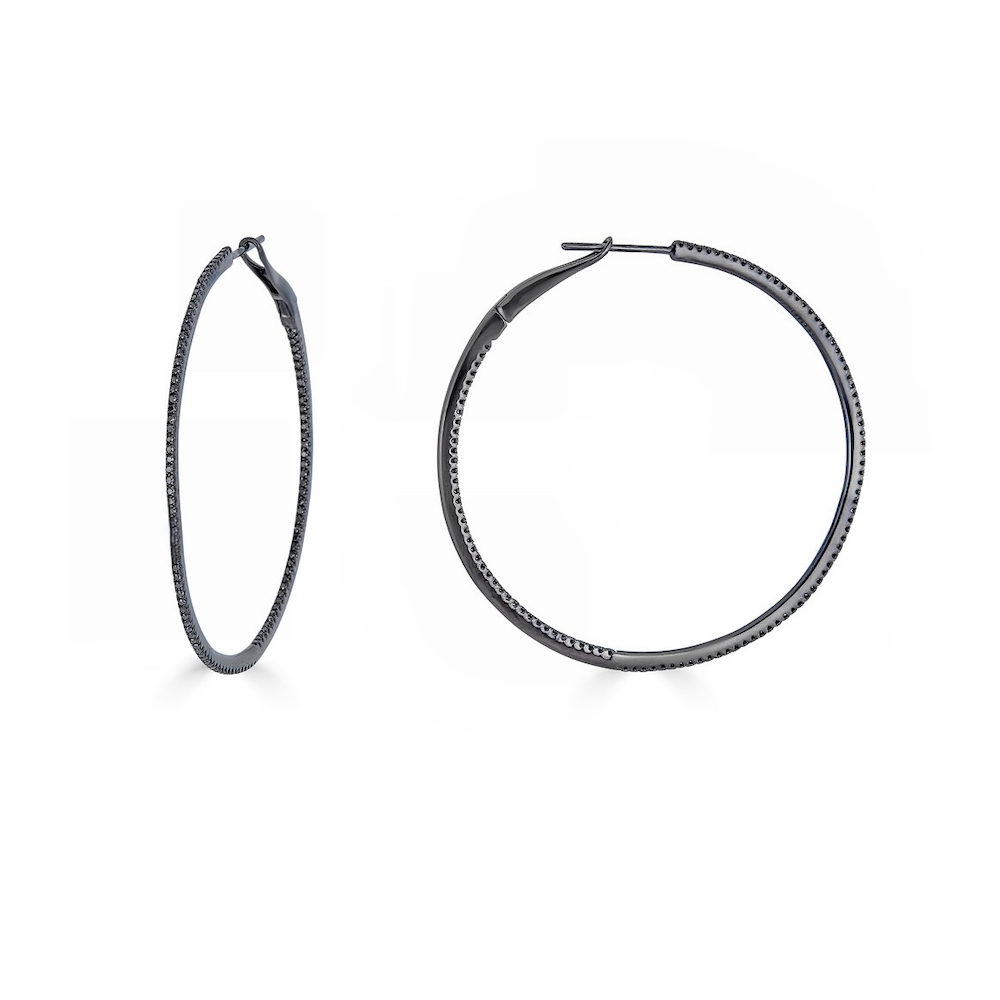 SKINNY BLACK DIAMOND & BLACK GOLD HOOPS - XL-Hoops-These are like the perfect black dress for your ears. Each extra large 14K black gold hoop earring shows off a super skinny row of black diamonds. - 14k black gold - black diamonds: approximately 0.68 total carat weight - 1 3/4" - sold as a pair-Anneaux Jewelry