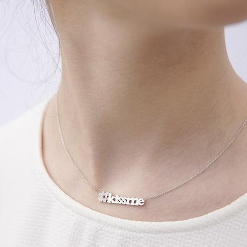 DIAMOND PAVE "HASHTAG" kiss me NECKLACE-Necklaces-Saying kiss me with a hashtag makes it instantaneously innocent! Our handmade diamond pave "hashtag" and solid gold kiss me sits on a classic cable link chain. - available in 14k yellow, white and rose gold - diamonds: G-H color, SI clarity - 17” necklace - spring ring clasp - show on model in white gold-Anneaux Jewelry