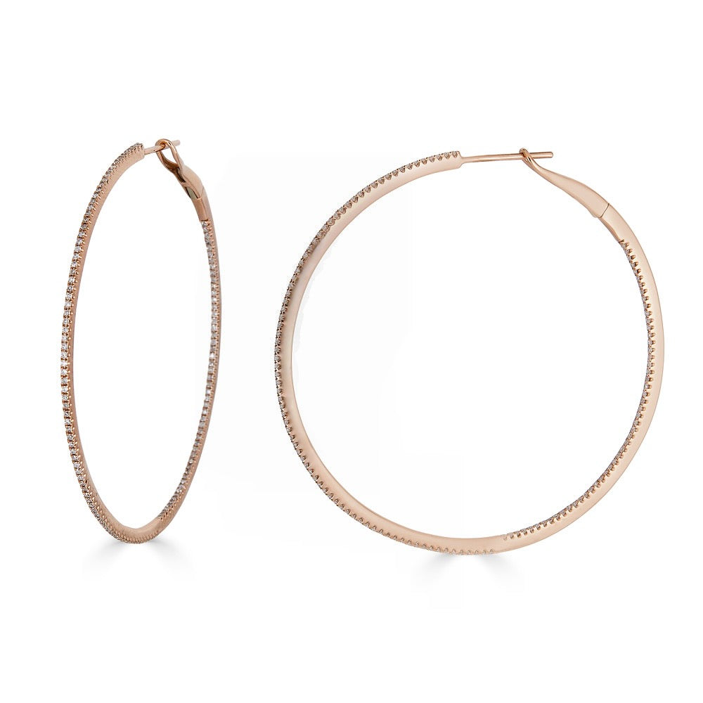 SKINNY DIAMOND HOOPS - XXL-Hoops-These extra large hoops feature a skinny row of pave diamonds on the outside as well as the inside of the hoop making it an elevated accessory for the ear. - available in 14k yellow, white, rose and black gold - diamonds: approximately 0.80 total carat weight; G-H color, SI clarity - 2" in diameter - shown on model in white gold, rose gold and black gold - sold as a pair-Anneaux Jewelry