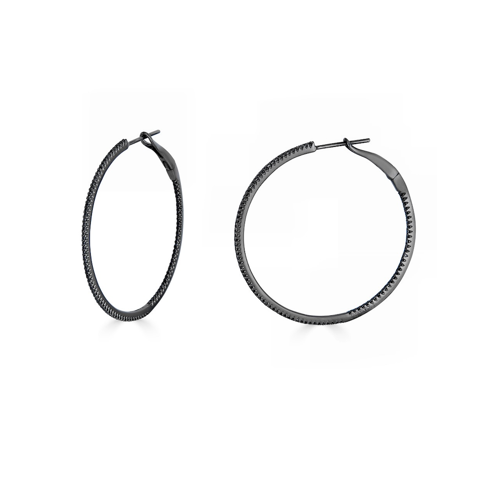 SKINNY BLACK DIAMOND & BLACK GOLD HOOPS - L-Hoops-Edgy yet sophisticated, these large black diamond hoops are set in 14k black gold with a super skinny row of black diamonds. - 14k black gold - black diamond: approximately 0.60 total carat weight - 1 1/2" - sold as a pair-Anneaux Jewelry