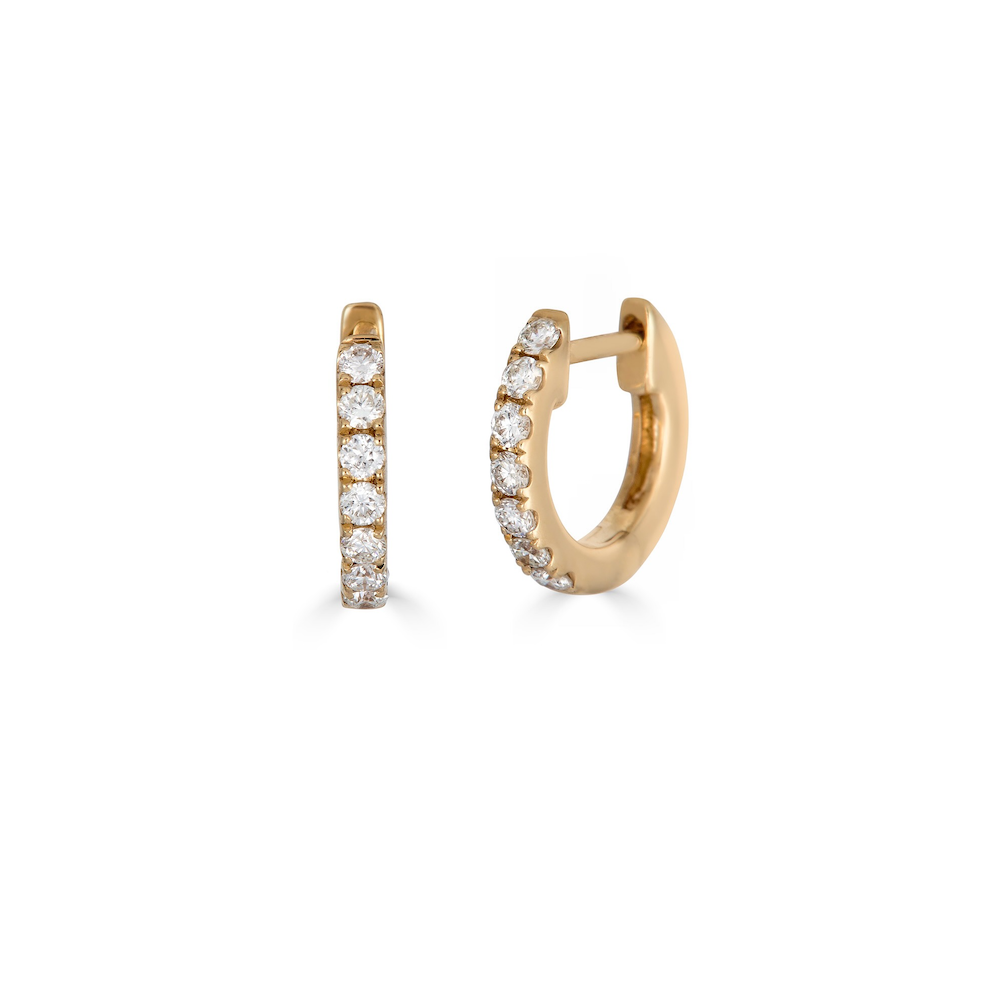 CLASSIC DIAMOND PAVE HUGGIE-Earrings-This is the best diamond pave huggie. Full stop. - available in 18k yellow and white gold - diamonds in single huggie: approximately 0.08 total carat weight; G-H color, SI clarity - 10 mm - shown on model in yellow gold - sold as a single-Anneaux Jewelry