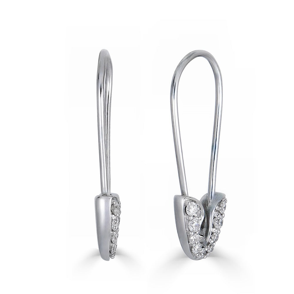 DIAMOND SAFETY PIN EARRINGS-Chandelier-Edgy yet sophisticated, these 18K solid gold safety pins earrings show off diamonds surrounding the clasp and hang delicately from the ear. - available in 18k yellow and white gold - diamonds: approximately 0.25 total carat weight, G-H color, SI clarity - 1” in length - shown on model in white gold - additional gold colors available: ice@anneauxjewelry.com - sold as a pair-Anneaux Jewelry