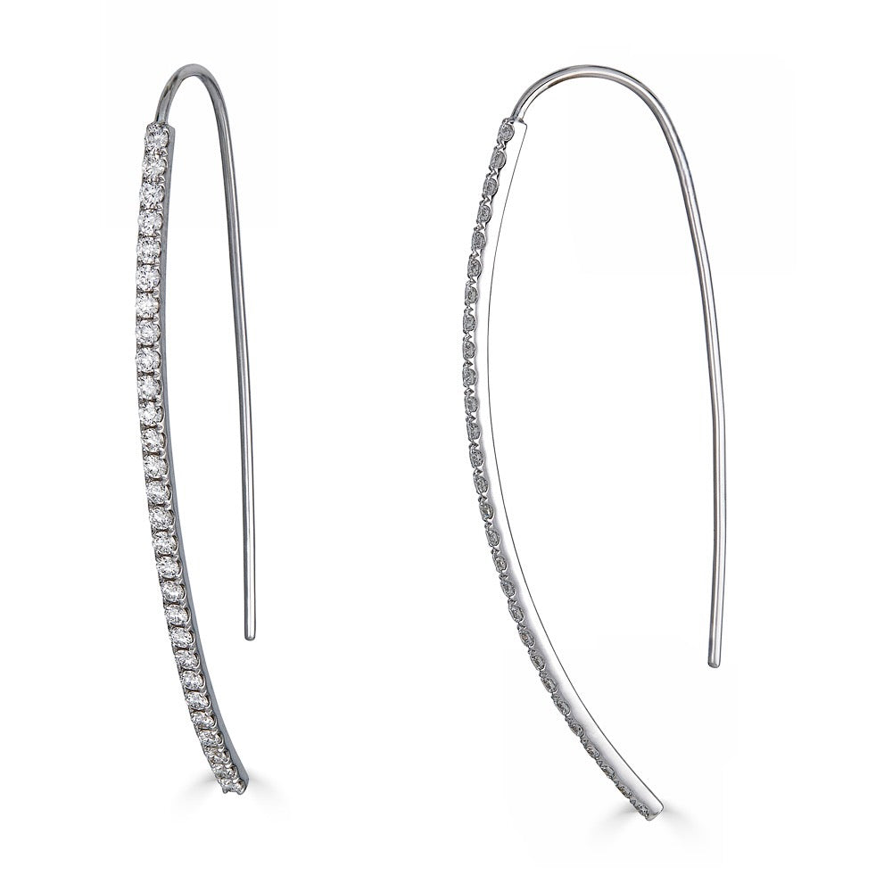 HANGING DIAMOND LINE EARRINGS-Chandelier-A long arch of diamonds hang in a straight line effortlessly from the ear. - available in 18k yellow and white gold - diamonds: approximately 0.95 total carat weight, G-H color, SI clarity - shown on model in white gold - sold as a pair-Anneaux Jewelry