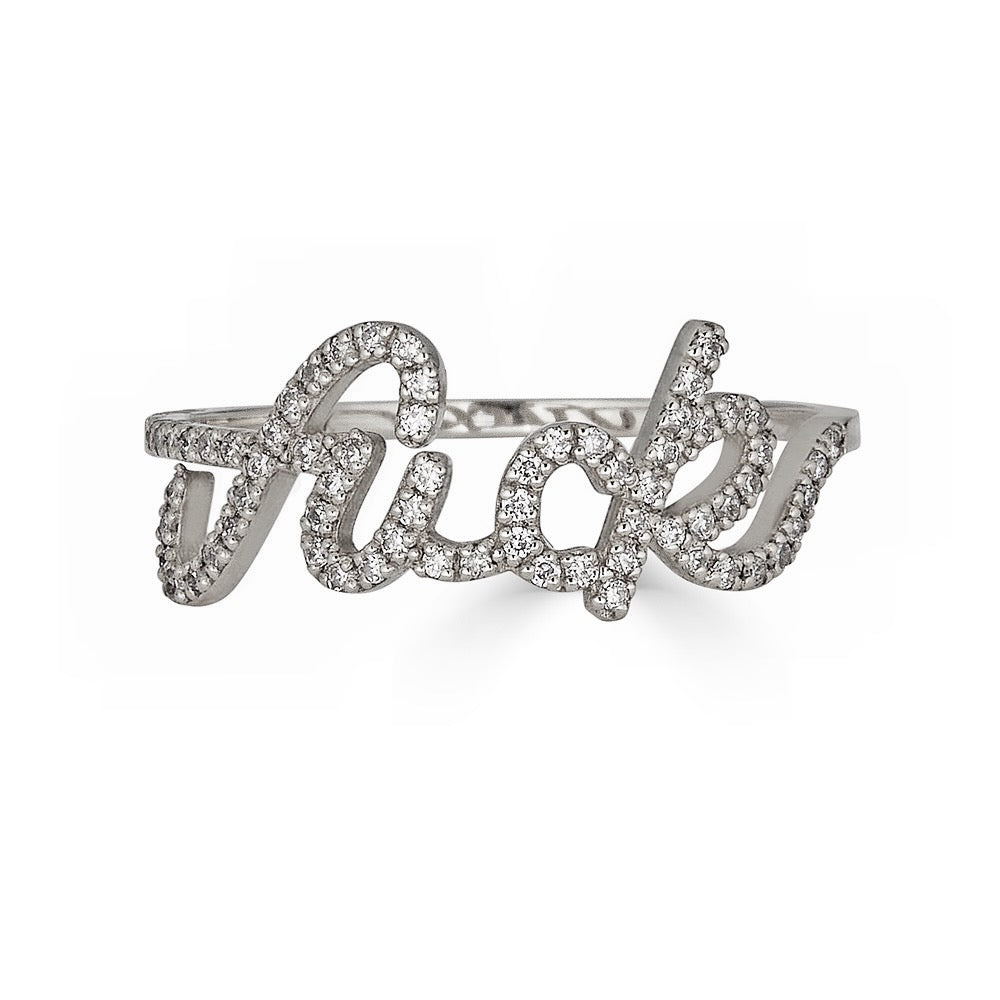 DIAMOND FUCK RING-Rings-You don't need to say it, but you can certainly show it. Our pave diamond "fuck" ring is playful, yet sexy. Shown here in 14K yellow gold. - available in 14k yellow, white and rose gold - diamonds: G-H color, SI clarity - shown on model in yellow gold - custom sizing available: ice@anneauxjewelry.com-Anneaux Jewelry