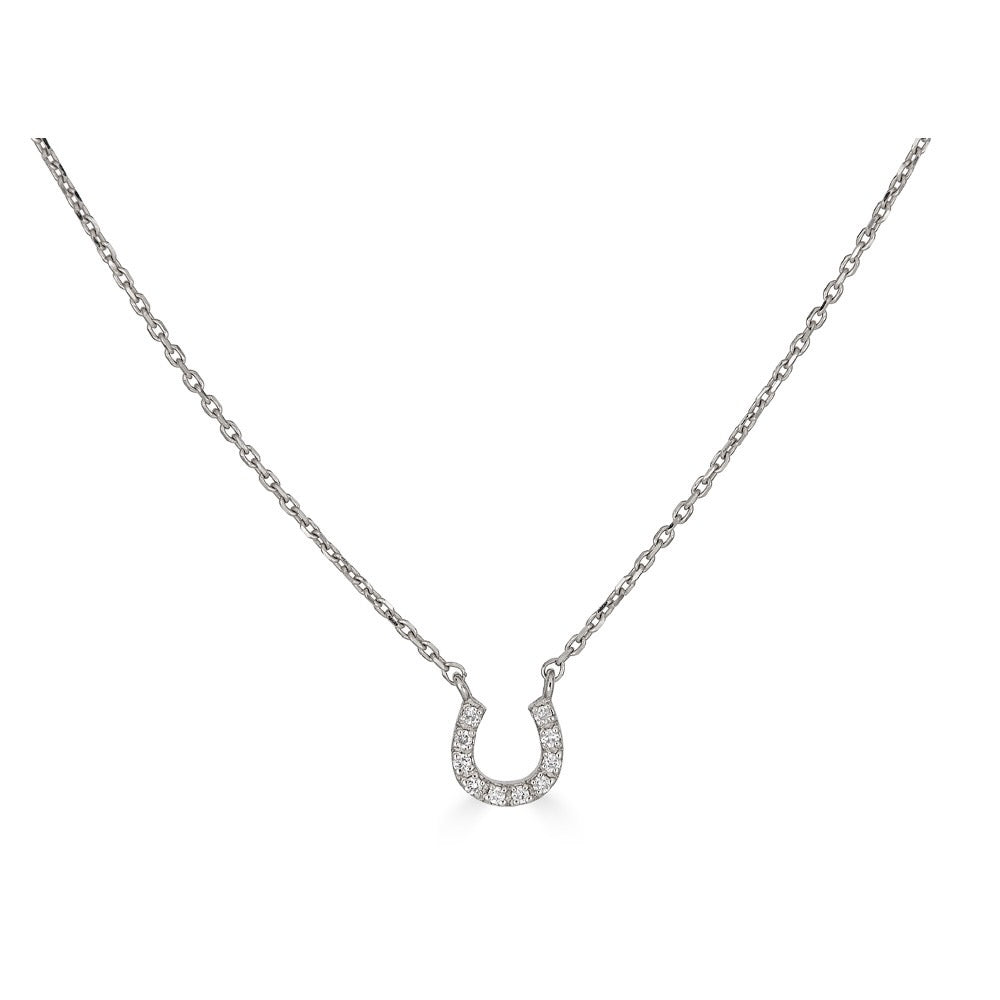 DIAMOND PAVE HORSESHOE NECKLACE-Necklaces-A diamond pave horseshoe in 14k gold hangs delicately from a diamond cut cable link chain. - available in 14k yellow and white gold - diamonds: approximately 0.03 total carat weight, G-H color, SI clarity - triple extendable chain; 14” - 15” - 16” length - spring ring clasp - shown on model in yellow gold-Anneaux Jewelry