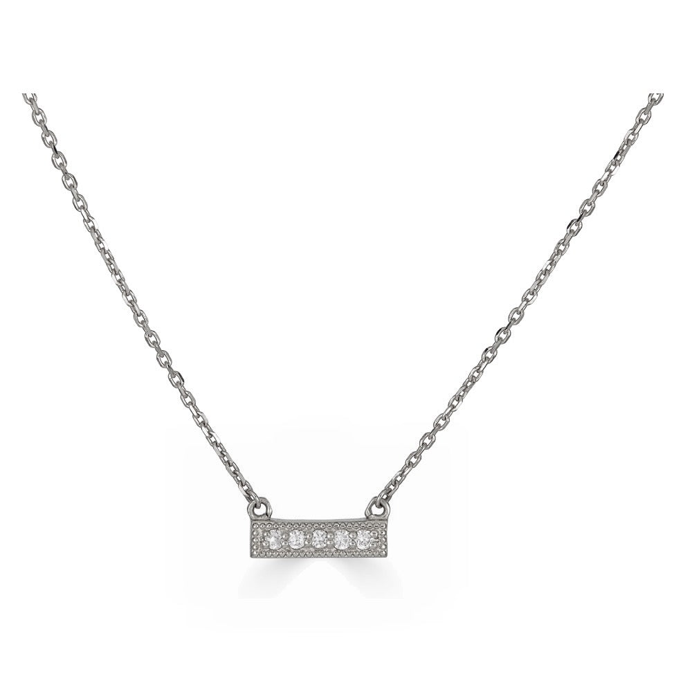 DIAMOND BAR NECKLACE-Necklaces-Five diamonds sit across a 14K solid gold bar with milgrain trim and attached to a diamond cut cable link chain. This everyday accessory knows how to "raise the bar." - available in 14k yellow and white gold - diamonds: approximately 0.04 total carat weight, G-H color, SI clarity - triple extendable chain; 14” - 15” - 16” length - lobster clasp - shown on model in yellow gold-Anneaux Jewelry
