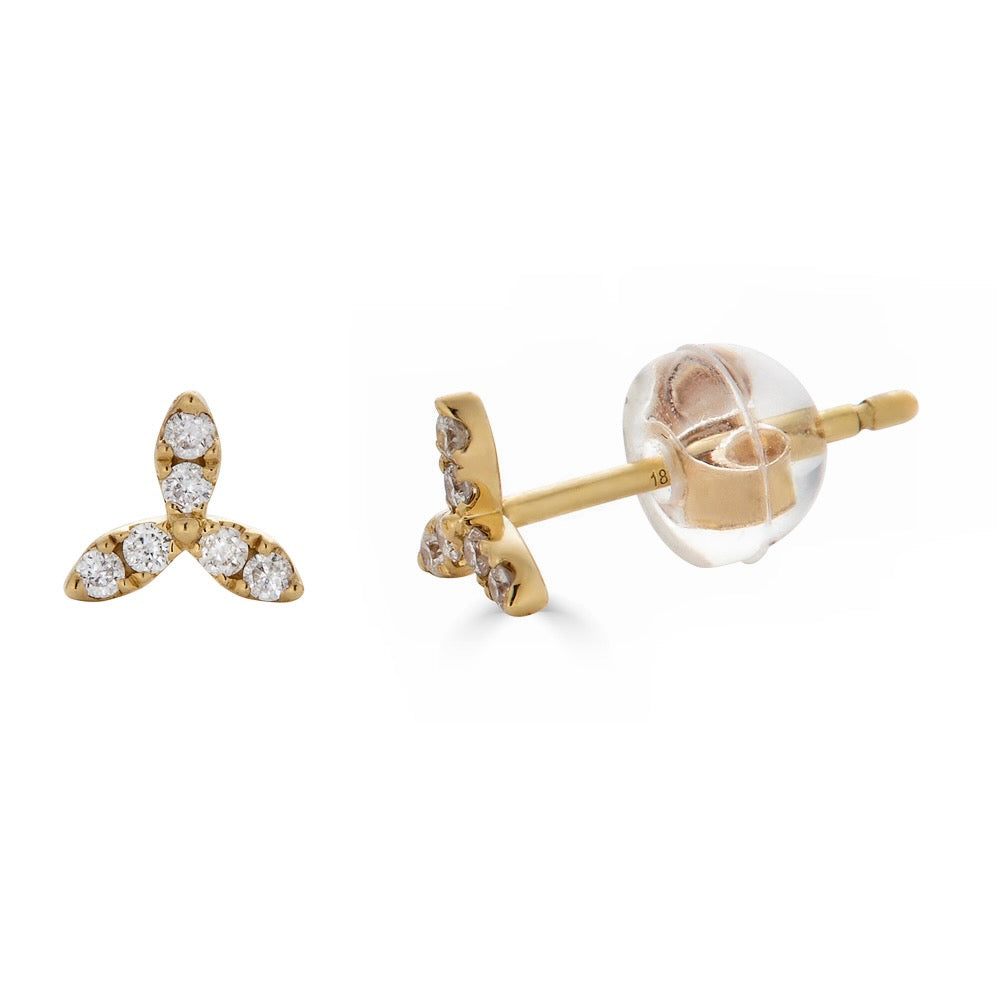 DIAMOND THREE LEAF STUD-Studs-Three delicate diamond leaves are set in 18k solid gold and pair beautifully with any of the Anneaux studs. - Available in 18k yellow, white and rose gold - diamonds in single stud: approximately 0.04 total carat weight; G-H color, SI 1-2 clarity - comfort fit silicone backing - shown on model in yellow gold-Anneaux Jewelry