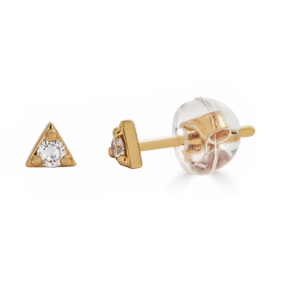 DIAMOND IN TRIANGLE STUD-Studs-The center of this 18k solid gold triangle is set with a single round diamond for a sparkly pop. - Available in 18k yellow or white gold - diamond in single stud: approximately 0.03 total carat weight; G-H color, SI 1-2 clarity - comfort fit silicone backing - shown on model in yellow gold-Anneaux Jewelry