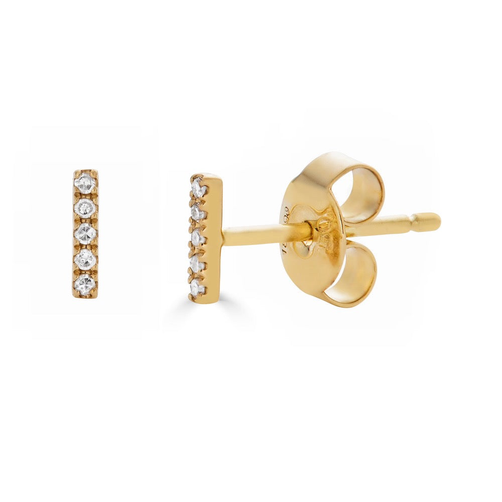 FIVE DIAMOND BAR STUD-Studs-Made to be worn horizontally or vertically, this 18k solid gold bar is studded with five sparkly diamonds Wear it your way! - available in 18k yellow or white gold - diamonds in single stud: approximately 0.02 total carat weight; G-H color, SI 1-2 clarity - 18k gold butterfly backing - shown on model in yellow gold-Anneaux Jewelry