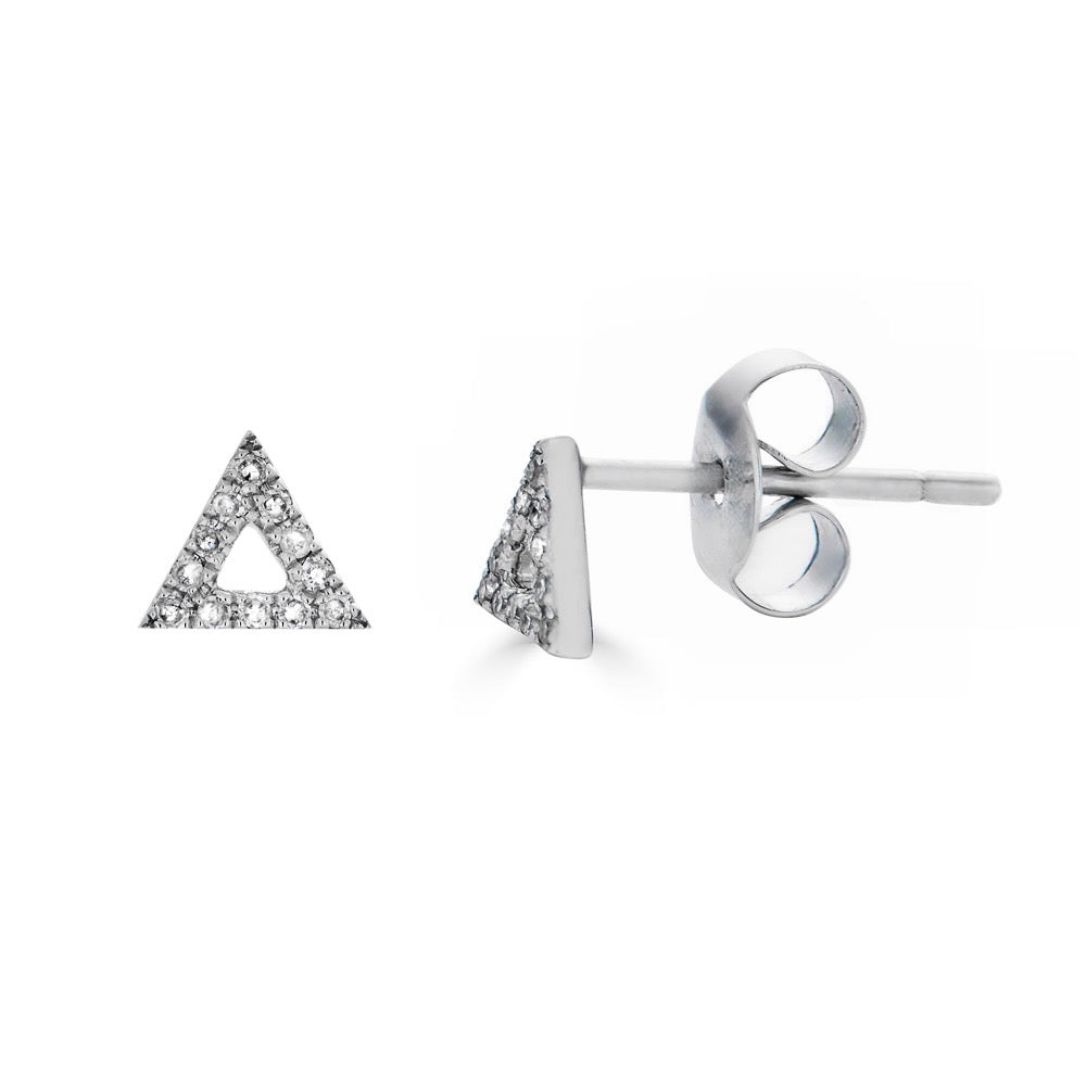 PAVE DIAMOND TRIANGLE STUD-Studs-The triangle symbolizes intellect, love and power. Wear a diamond triangle set in 18K solid gold as your own personal reminder of all that you have within you. - available in 18k yellow, white and rose gold - diamonds in single stud: approximately 0.03 total carat weight; G-H color, SI 1-2 clarity - 18k solid gold butterfly backing - shown on model in white gold-Anneaux Jewelry