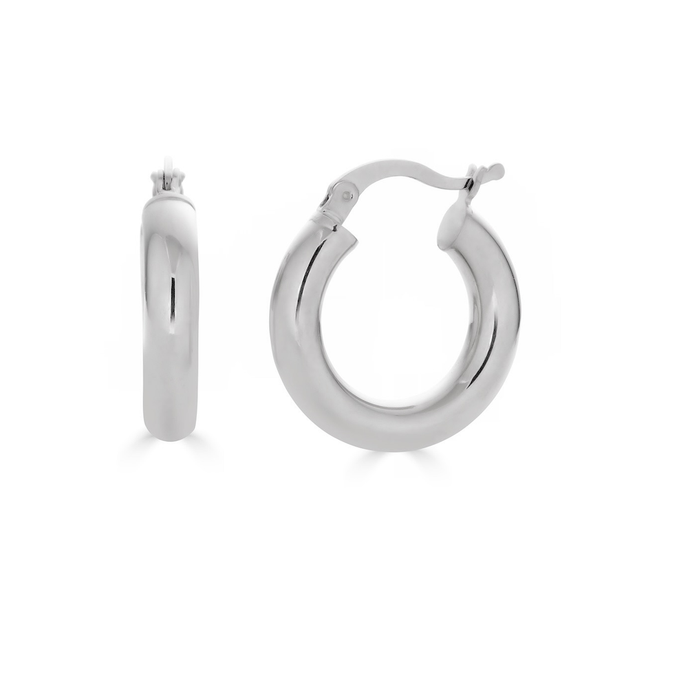 CLASSIC GOLD HOOPS - SMALL-Earrings-One of our favorites, this 14k gold hoop is made slightly smaller than the medium-sized version without compromising any of the sentiment. - available in 14k yellow and white gold - 3/4" - shown on model in yellow gold - sold as a pair-Anneaux Jewelry