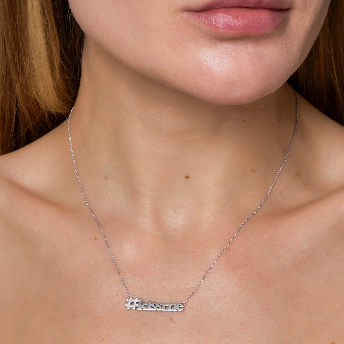 DIAMOND PAVE "HASHTAG" kiss me NECKLACE-Necklaces-Saying kiss me with a hashtag makes it instantaneously innocent! Our handmade diamond pave "hashtag" and solid gold kiss me sits on a classic cable link chain. - available in 14k yellow, white and rose gold - diamonds: G-H color, SI clarity - 17” necklace - spring ring clasp - show on model in white gold-Anneaux Jewelry