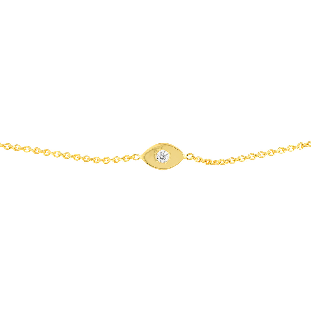DIAMOND AGAINST EVIL EYE BOLO BRACELET-Bracelets-A solid gold eye set with a single diamond sits on a cable chain with an adjustable bolo closure. This eye is against evil and will protect you all day. - available in 14k yellow, white and rose gold - diamond: G-H color, SI clarity - up to 9.5” adjustable length - bolo closure-Anneaux Jewelry